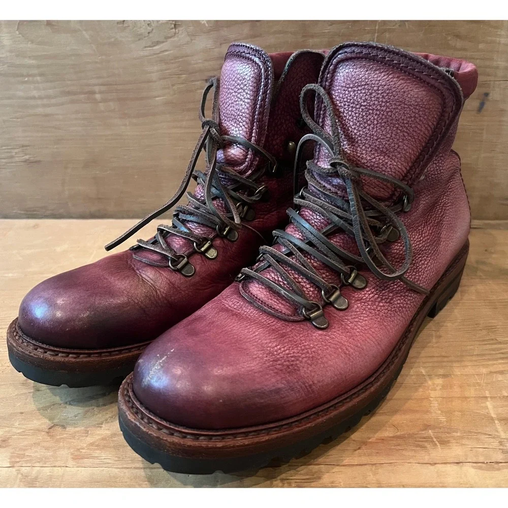 Antonio Maurizi Mens 9.5 Burgundy Pebbled Leather Hiking Boots Italy Lug Sole
